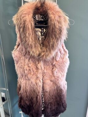 Vintage Ombre Fur Vest Fox Fur Collar Rabbit Fur Long Vest